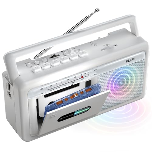 KLIM Portable Cassette Player & Tape Recorder – Boombox with AM/FM Radio, USB, Bluetooth, Speaker, and Earphone Jack – Battery and AC Operated - Frost White