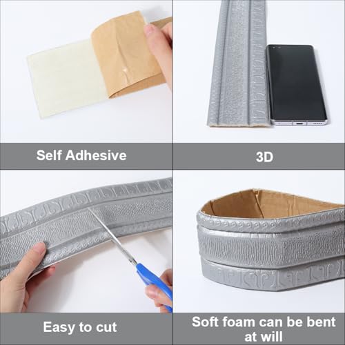 Image of GORGECFAFT 2 Rolls 2.3mx79mm 3D Wall Edging Foam Flexible Wallpaper Border Silver Gray Crown Molding Peel and Stick Mirror Edging Frame Lines Wall Base Ceiling Baseboard for Home Furniture DIY Decor
