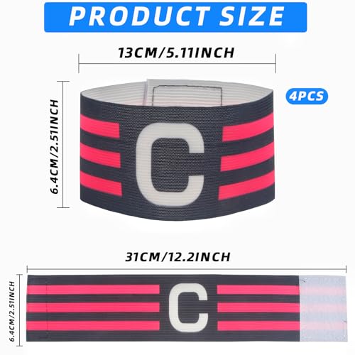 4PCS Black & Pink Anti-Drop Captain Armbands – Adjustable Elastic Sports Arm Bands for Soccer, Basketball, Volleyball – Unisex Adult Team Leader Accessories
