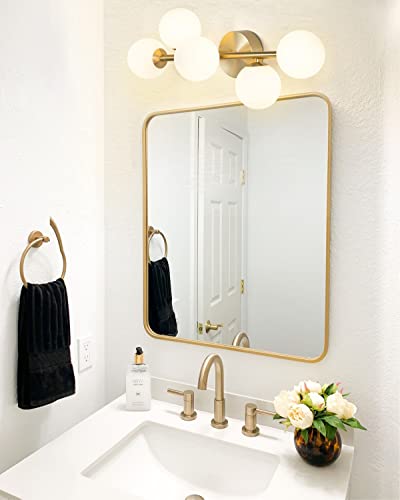 Bathroom Vanity Lights, 5-Light Bathroom Light Fixtures, Mid Century Modern Gold Bathroom Light Ceiling Light, Dimmable LED Wall Sconces Semi-Flush Mount Light Fixture with Milk Glass, Gold Brushed - Image 6
