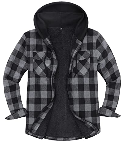 Image of ZENTHACE Mens Sherpa Lined Flannel Shirt Jacket with Hood,Full Zip