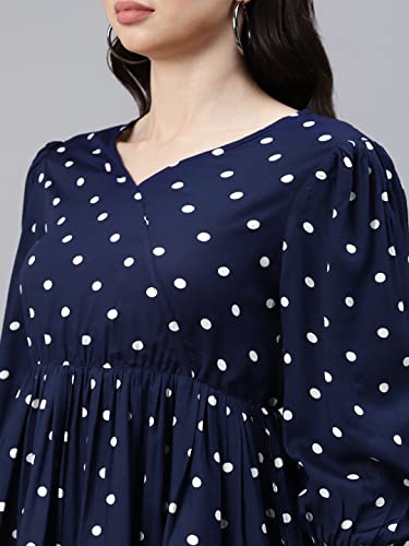 Image of DEEBACO Women's Polka Dots Rayon Flared Tunic & Pants Set for Women|V Neck Full Sleeves Top & Elastic Waist Pant Western Casual Wear Relaxed Fit Cord Set Outfit for Ladies (DBCOMR00000821 S Navy Blue)