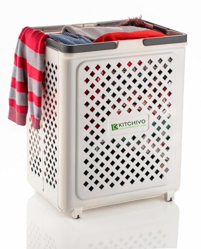Image of KITCHIVO Collapsible Laundry Basket with Wheels and Handle, Plastic Foldable Laundry, 45L Versatile Portable Storage Basket for Laundry and Bathroom (WHITE)