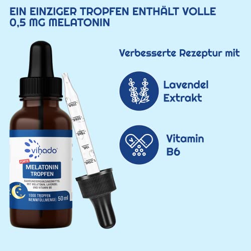 Vihado Melatonin Tropfen - 1000 Nächte - Sofort und schnell - Extra hochdosiert (Forte) - Besser da Melatonin Komplex, 50 ml (1000 Tropfen)