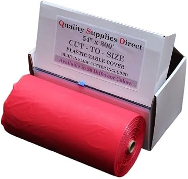 QSD Plastic Party Banquet Table Cover Roll - 300 ft. x 54 in. - Disposable Tablecloth with Slider Box Cutter Red Quality Supplies Direct