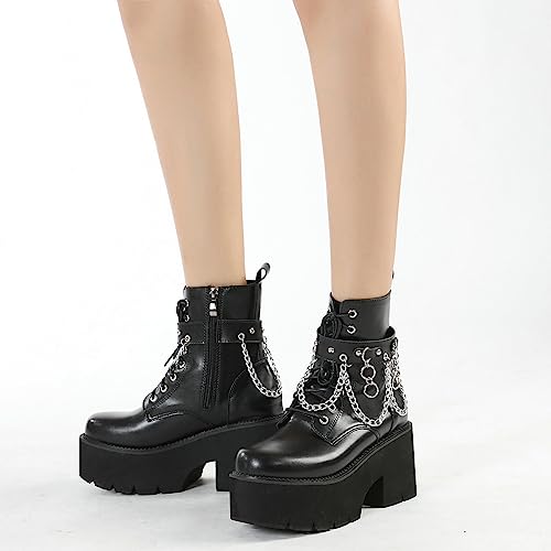Image of Parisuit Womens Goth Patent Ankle Boots Platform Chunky Combat Boots | Lace Up, Gothic Boots, High Heel, Punk Short Booties, Buckle Boots, Chain Boots