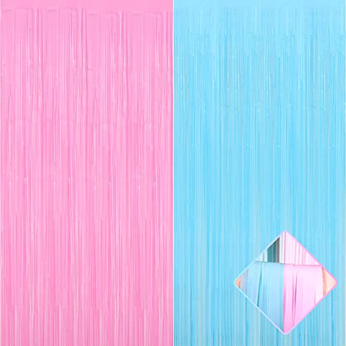Image of 4 Pack 3.2Ft x 8.2Ft Macaron Pink Blue Foil Fringe Curtain Backdrop, Metallic Tinsel Foil Fringe Streamers for Photo Booth, Wedding, Gender Reveal Backdrop Boy or Girl Birthday Party Decoration