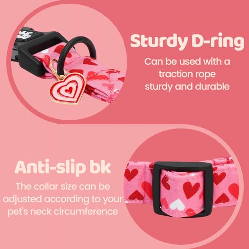 Image of Dog Collars, Valentine's Pink Cute Love Heart Print Pet Collar Durable Adjustable Plastic Pendant Dog Collar for Medium Dogs