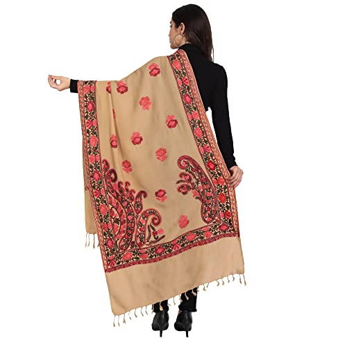 Zamour Kashmiri Indian Aari Embroidery Pashmina Style Wool Shawl Scarf for Women (Brown)