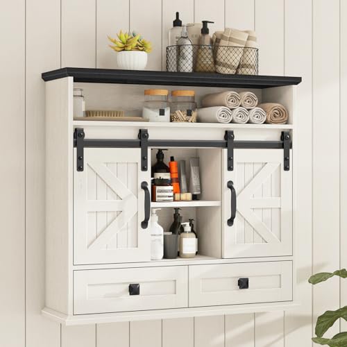 Vabches Bathroom Wall Cabinet Farmhouse Medicine Cabinet with Double Sliding Barn Door and Storage Drawer Wooden Vintage Storage Cabinet Wall Mounted for Bathroom Kitchen Rustic White and Black