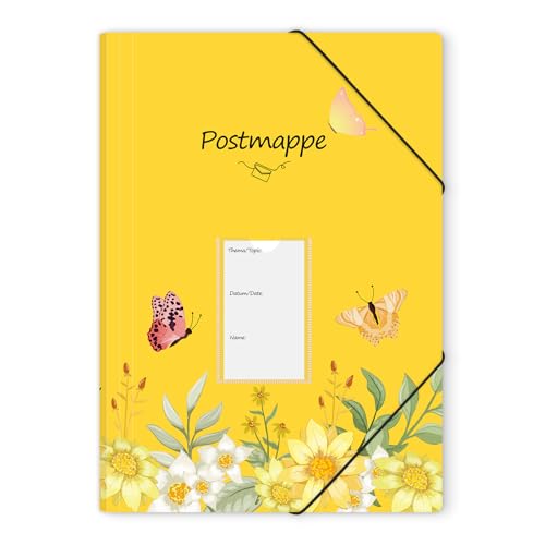 KONVINIT Postmappe A4 Schule Gelb - Plastik Sammelmappe mit 3 Innenklappen und 2 Gummizügen Schnellhefter Robust und Langlebig Dokumentenmappe mit Motiv für Büro und Schule