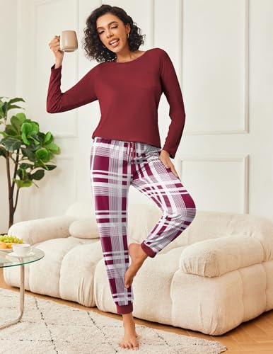 Image of Ekouaer 2 Pack Womens Pajama Sets Long Sleeve Pjs Soft Comfy Lounge Set