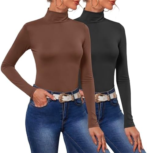 POPZONE 2 Pack Women's Turtleneck Long Sleeve Tops Mock Neck Slim Fit Shirt Basic Soft Lightweight Base Layer Undershirts