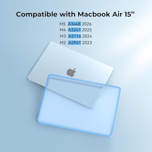 Image of BlueSwan Anti-Cracking Case for MacBook Air 15 inch, M5 M4 M3 M2 Chip 2026-2023 Model A3448 A3241 A3114 A2941, Drop Protection Soft TPU Bumper PC Base for Air 15.3 inch, Frosted Sky Blue