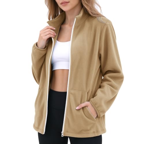 Soft Women's Lightweight Warm Full Zip Fleece Jacket with Pockets Khaki L - image 4