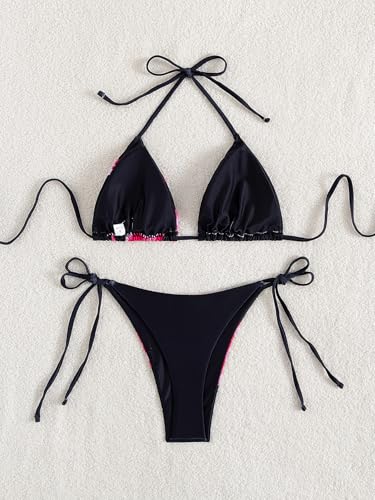 Image of Tainehs Women's Sexy Halter Thong Bikini Tie Two Sides Bottom Triangle Bikini Swimsuits