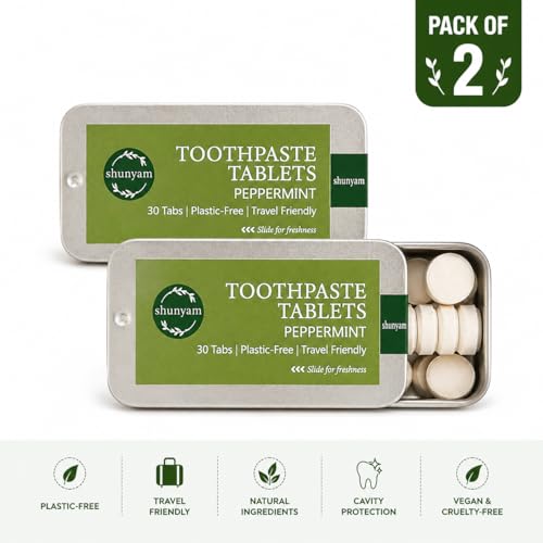 Image of Shunyam Dental Kit with 2 Bamboo Toothbrush & 2 Peppermint Toothpaste Tablets (30 Each) | Travel Pack | Teeth Whitening | Fluoride, SLS & Paraben Free | Plastic-Free, Zero Waste