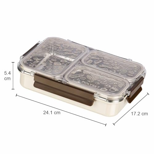 Image of Polyset Munch Mate 1000 3 PARTITION - Beige PU Insulated Lunch Box with Partitions | Keeps Food Warm | Office & School Pack of 1 1000ml