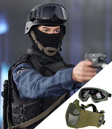 Yzpacc Airsoft Mask with Goggles, Foldable Half Face Airsoft Mesh Mask with Ear Protection for Paintball Shooting Cosplay CS Game