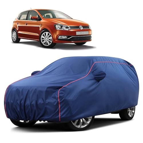 Image of Sulfar 100% Water Resistant Car Body Cover Compatible with Mirror for Volkswagen Polo Equisite (Triple Stitched, Full Bottom Elastic, Blue Taffeta with Red Piping)