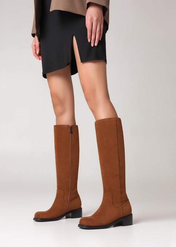 Image of ZJA Knee High Boots Square Toe Boots Low Heel Flat Long Boots for Women Dress Chunky Comfortable Tall Boots