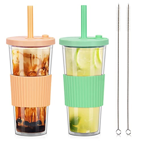 ZgoEC 24oz Tazas Bubble Tea Cup Vasos con Tapa y Pajita, Taza de Plástico Aislamiento de Doble Pared, Juego de 2 Vasos de té Bubble Tea a Prueba de Fugas, Smoothie Tumbler para Boba Jugo de Batidos