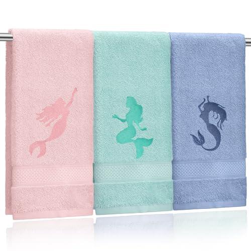Hahafelt 3 Pack Coastal Mermaid Hand Towels for Bathroom 100% Cotton Embroidered Beach Bathroom...