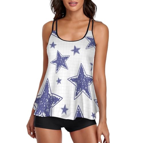 Tankini Maillot de Bain 3 Pièces avec Short et Robe de Plage Pourpre Étoilé