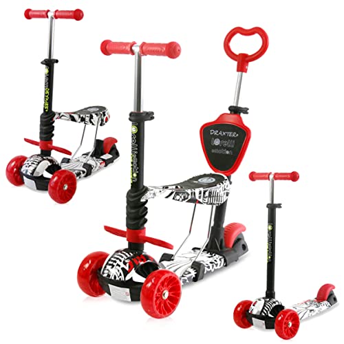 Lorelli - Trottinette Draxter 3 en 1 Siège Évolutif - Draisienne et Tricycle Enfant - 3 Roues avec Eclairage et Hauteur Réglable - Transformable dès 3 Ans - Rouge