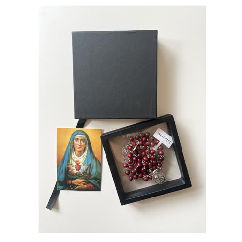 Seven Sorrows of Mary Rosary Chaplet Rose Scented 7 * 8mm Wooden Beads Catholic Jewelry Necklace for Pray (Red)2