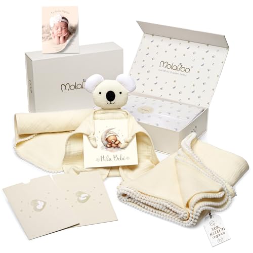 MolaBoo® Canastilla Bebe Recién Nacido 100% Algodón Orgánico – Cesta Bebe Premium Niño y Niña con 6 Regalos: Manta Muselinas, Doudou Bebé, Paño Lactancia y Accesorios - Perfecto Regalo Recién Nacido