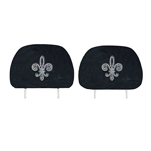Two Embedded Crystal Velour Headrest Covers - Silver Fleur de Lis