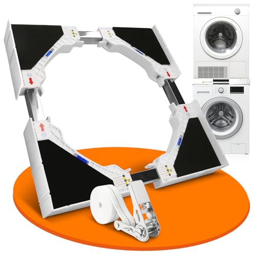 HEIMWERT Zwischenbaurahmen für Waschmaschine & Trockner | Verbindungsrahmen universal passend (45–70 cm) | mit integrierten Wasserwaagen, Anti-Rutsch & Zurrgurt | bis 500 kg belastbar (weiß)