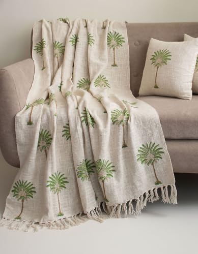 Image of Handwoven Cotton Sofa Throw Blanket with 2 pcs Cushion Covers Lightweight Decorative Couch & Bed Throw (Pack of 3, Green Palm Tree)