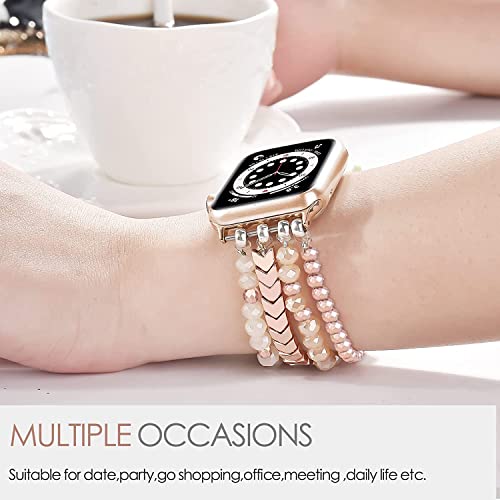 Image of MOFREE Beaded Bracelet Compatible with Apple Watch Band 42mm /44mm /45mm /49mm /46mm Series 11 /10 /9 /8 /7 /SE /6 /5 /4 /3 /2 /1 Women Fashion Handmade Elastic Stretch Strap for iWatch Bands for Women Rose Gold