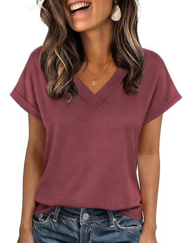 Zeagoo Tee Shirt Femme T Shirt D'été Col V Manches Courtes Haut Lâches Basique Bordeaux 2XL