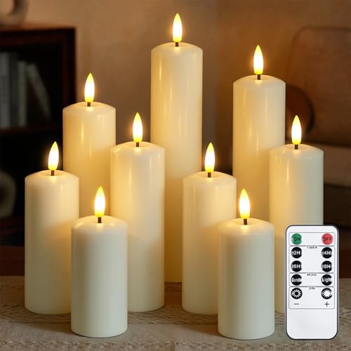 Mavandes Pack of 9 Real Wax Pillars Flameless Candles with Remote, 400H Battery Operated Flickering LED 3D-Wick Warm Lights, 2/4/6/8H Timer for Home Decor(2" x 4" 4" 5" 5" 6" 6" 7" 8" 9" Ivory) by Mavandes - Used condition - US$30.31