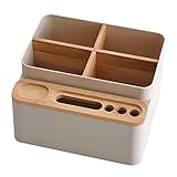 Hochwertiger Schreibtisch Organizer: Material aus ABS und Holz, robust und langlebig; Kombination aus weißer und natürlicher Holzfarbe, ästhetisch ansprechend.