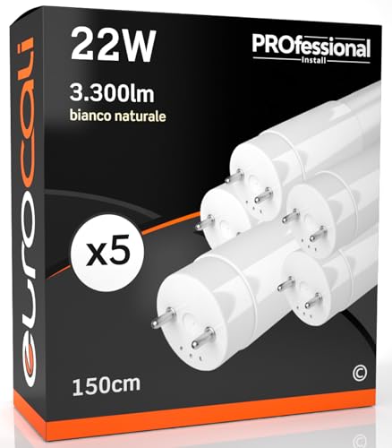 Eurocali 5x Tubo LED T8 22W 150cm Alta Luminosità 3300 lumen Fascio Luminoso 320° - Luce Bianco Naturale 4000K - Sostituzione Neon