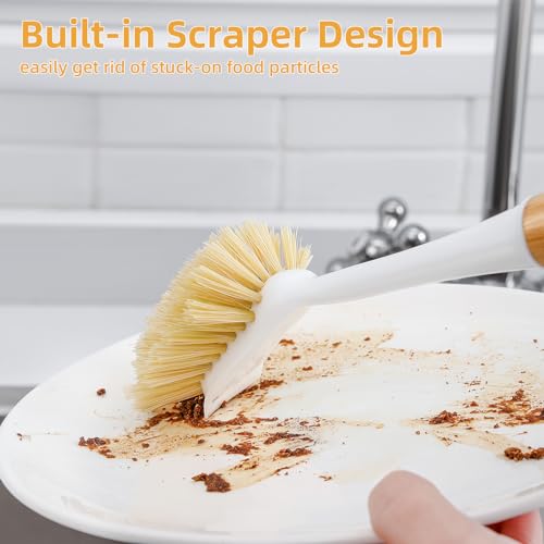 Image of SUBEKYU Dish Brush with Bamboo Handle, Kitchen Dish Scrubber Built-in Scraper, Scrub Brush for Cleaning Pans /Pots /Sinks, Sisal Bristles, 2P