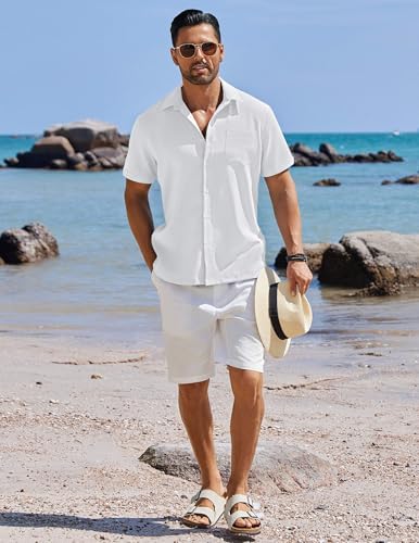 Image of COOFANDY Men's Button Down Shirts Short Sleeve Casual Shirts Summer Beach Linen Shirts with Pocket