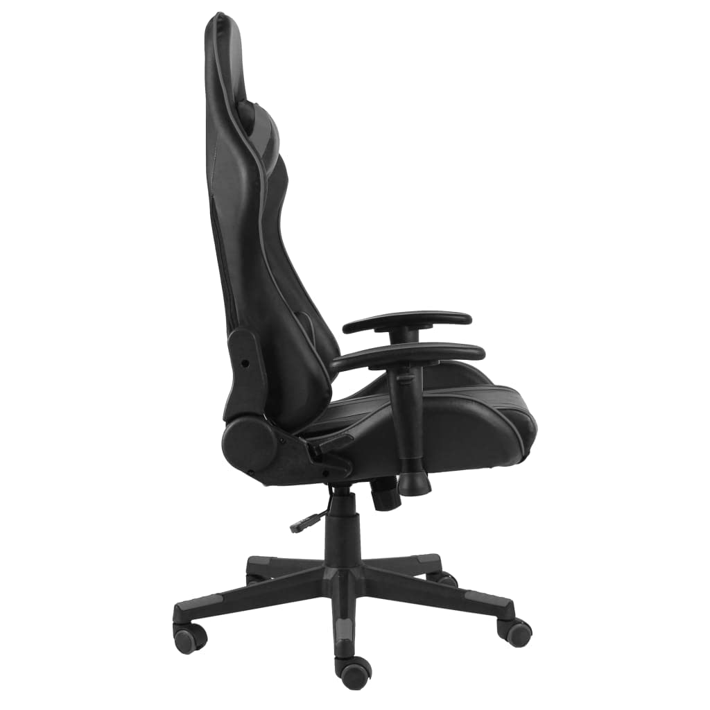 Silla de juegos giratoria gris PVC con respaldo ergonómico y reposabrazos ajustable para oficina y juegos, altura regulable, con soporte para cabeza y lumbar