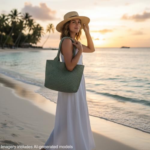 Image of BOYATU Woven Tote Bag for Women: Vegan Leather Purse with 1 Zipper Clutch - Handwoven Tote for Travel Vacation Beach Weekend