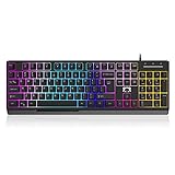 FIRSTBLOOD ONLY GAME. STK090 Computer Keyboard, Brown Mechanical Feel Membrane Gaming Keyboard, Wired 104 Keys Colorful Breathing Backlit for Gaming Office and Typing, Black