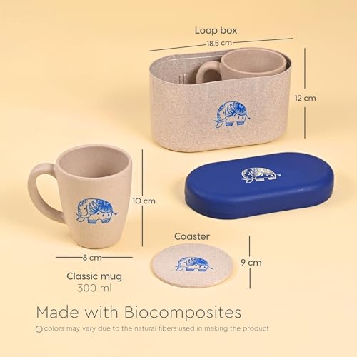 Image of Eha Earth-Friendly Wedding Gifts for Couple | Gifts Made with Rice Husk Biocomposite | Elephant Printed Mug and Coasters Set of 2, Keychain, Loopac Box | 300 ml | Sand Castle