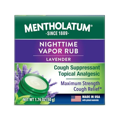 Mentholatum Nighttime Vaporizing Rub Lavender Scent Maximum Strength Cough Suppressant Topical Chest Rub & Analgesic Ointment Soothing Vapors Relieve Aches & Pains Due to Cold & Cough 1.76 oz