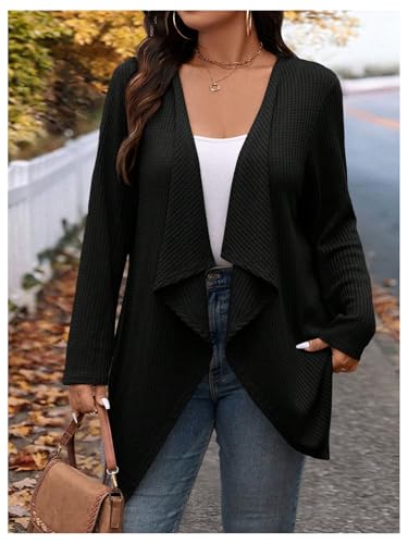 Image of RoseSeek Women's Plus Size Knit Cardigan Asymmetrical Open Front Long Sleeve Casual Knit Sweater Coat Black XX-Large Plus