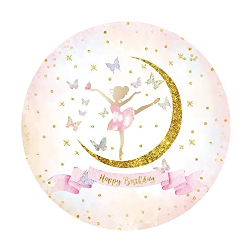 Csfoto Polyester 7.5X7.5Ft Happy Birthday Round Backdrop Ballet Dancer Princess Moon Butterfly Ballerina Photography Background Girls Birthday Party Supplies Decor Banner Prop Photobooth Gift #TOP2