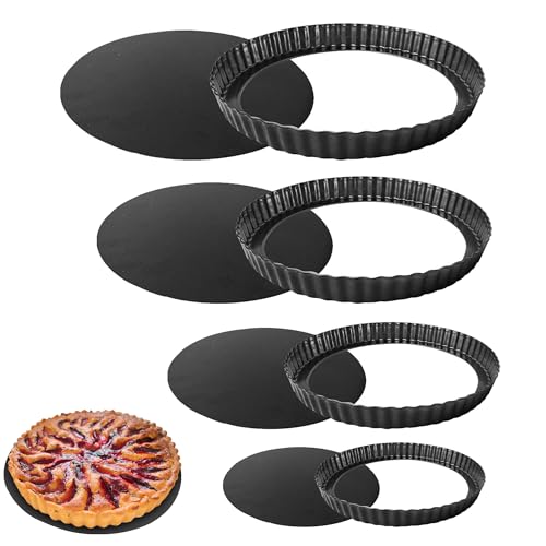 4 Pack Quiche Dishes with Loose Base 20/22/24/26 cm, Non Stick Flan Tins with Removable Bottom Carbon Steel, Round Fluted Tart Tin for Baking Oven Pie Pan