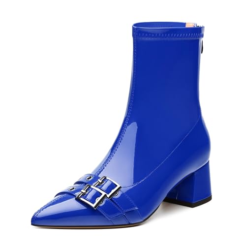 Womens Ankle Boots, Pointed Toe Low Heel Boots for Women, Fashion Zipper Buckle Ankle High Booties
